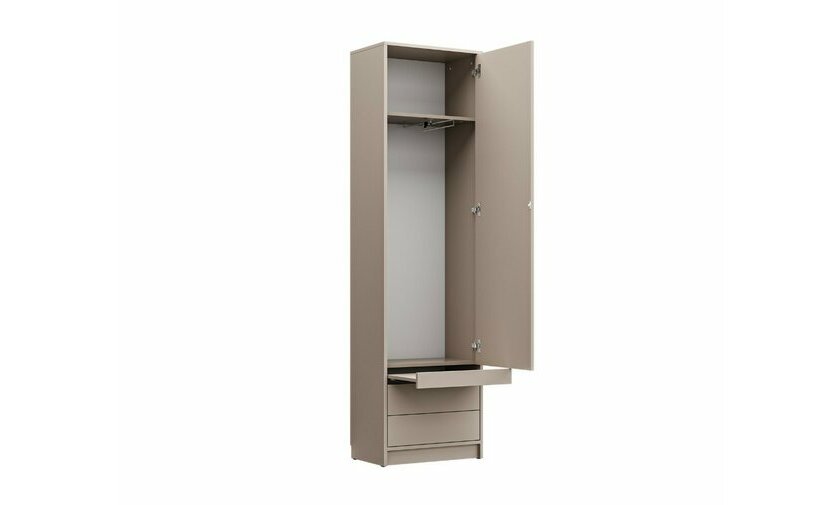 Colonne de rangement taupe avec tablette et tiroirs + porte ouverte