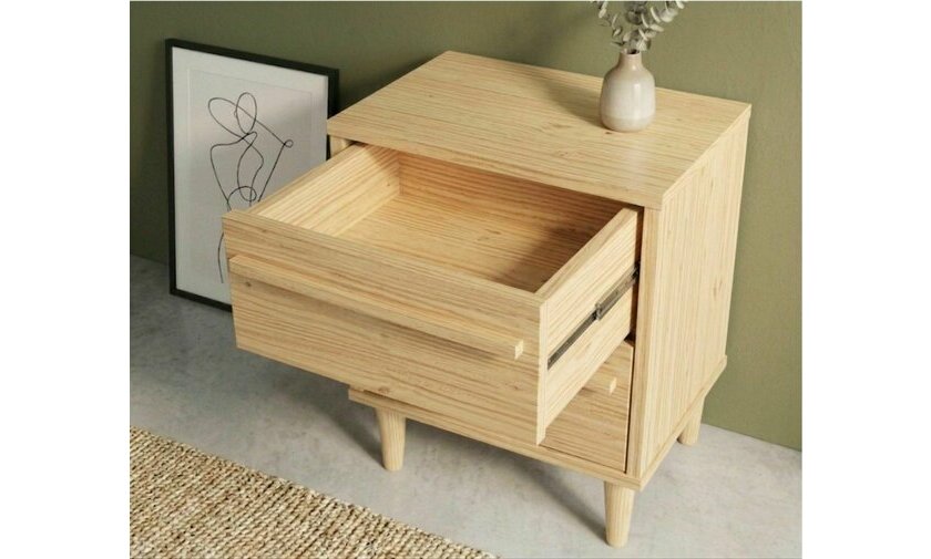 Table de chevet bois massif finition bois naturel - tiroir ouvert